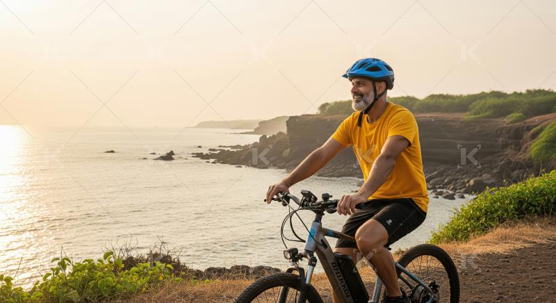 Senior man cycles through a forest trail at sunrise, surrounded