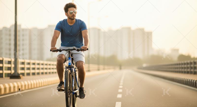A young man in a blue t-shirt and shorts rides a bicycle confide