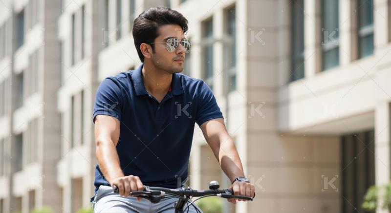 A young man in a blue t-shirt and shorts rides a bicycle confide