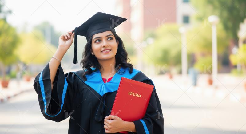 A young woman in graduation attire stands outdoors, proudly hold
