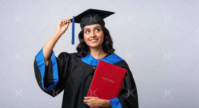 A young woman in graduation attire stands outdoors, proudly hold
