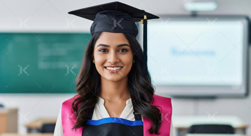 A young woman in graduation attire stands outdoors, proudly hold