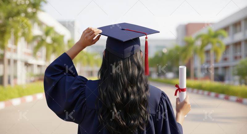 A young woman in graduation attire stands outdoors, proudly hold