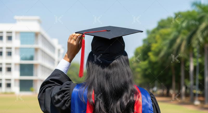 A young woman in graduation attire stands outdoors, proudly hold