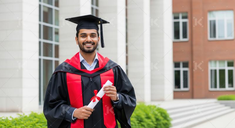 A young man in a black and red graduation gown stands proudly ou