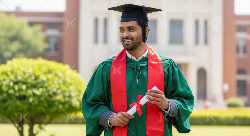 A young man in a black and red graduation gown stands proudly ou