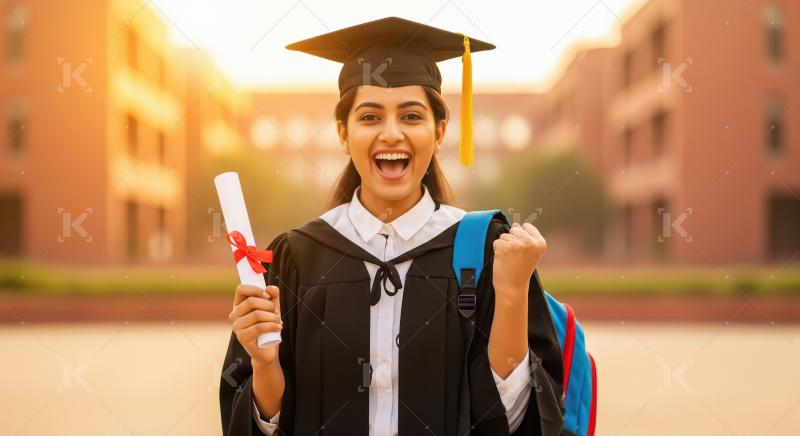 A young woman dressed in graduation attire holding her diploma w