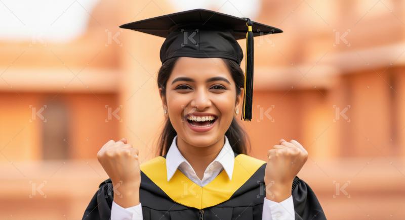 A young woman dressed in graduation attire holding her diploma w