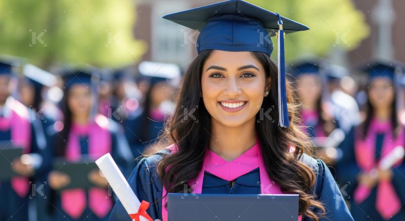 A young woman dressed in graduation attire holding her diploma w