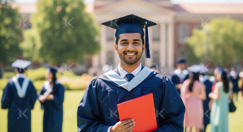 A young male graduate in a blue gown and cap stands outdoors on