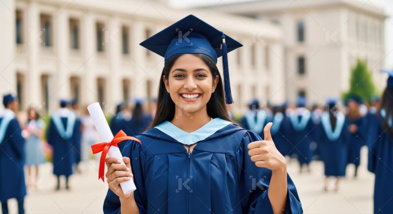 A young female graduate in a black gown and cap smiles, showing