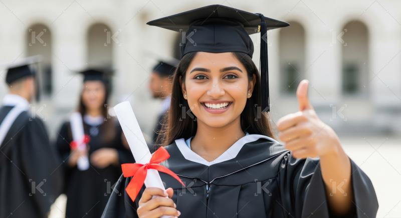 A young female graduate in a black gown and cap smiles, showing