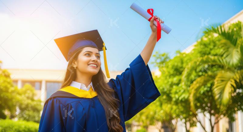 A young woman dressed in graduation attire holding her diploma w
