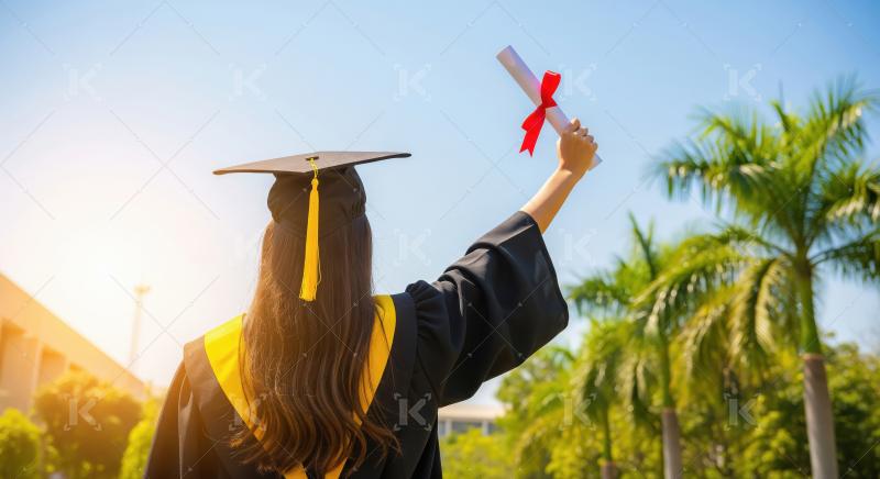 A young woman dressed in graduation attire holding her diploma w