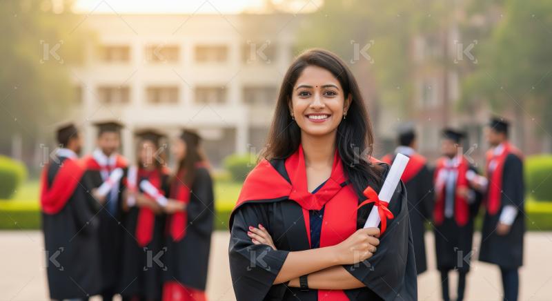 A young woman in graduation gown and cap stands holding her dipl