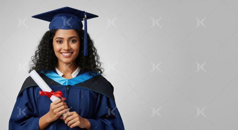 A young woman in graduation gown and cap stands holding her dipl