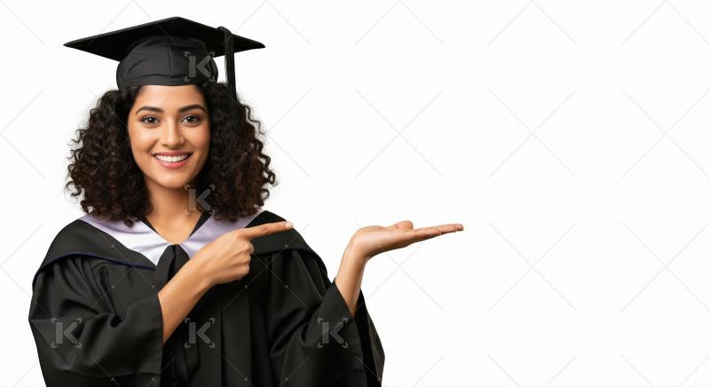 A young woman in graduation gown and cap stands holding her dipl