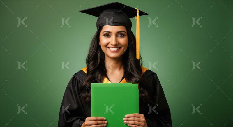 A young woman in graduation gown and cap stands holding her dipl