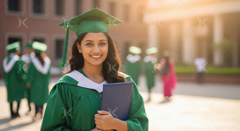 A young woman in graduation gown and cap stands holding her dipl