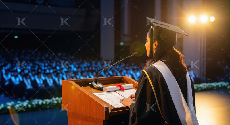 A graduate girl giving a speech to a large audience during a for