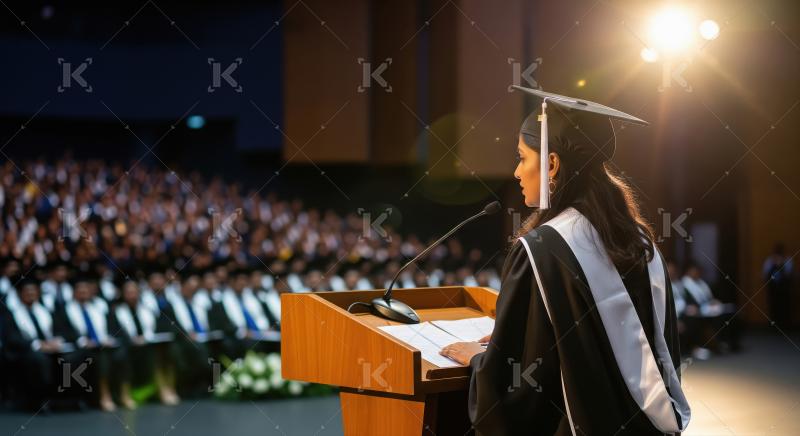 A graduate girl giving a speech to a large audience during a for