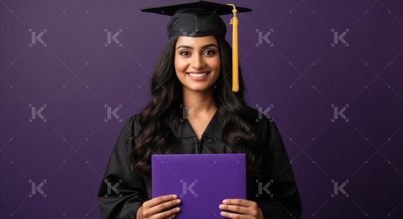 A young woman in a black graduation gown and cap stands against