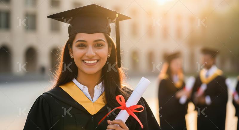 A young woman dressed in graduation attire holding her diploma w