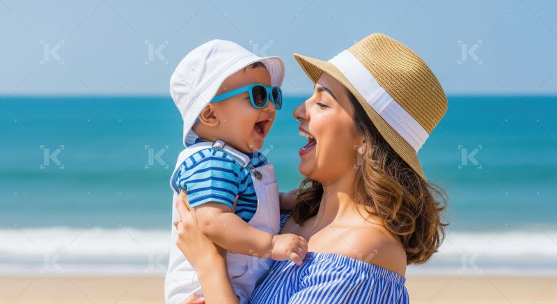 Joyful Mother and Baby Laughing Together at the Beach