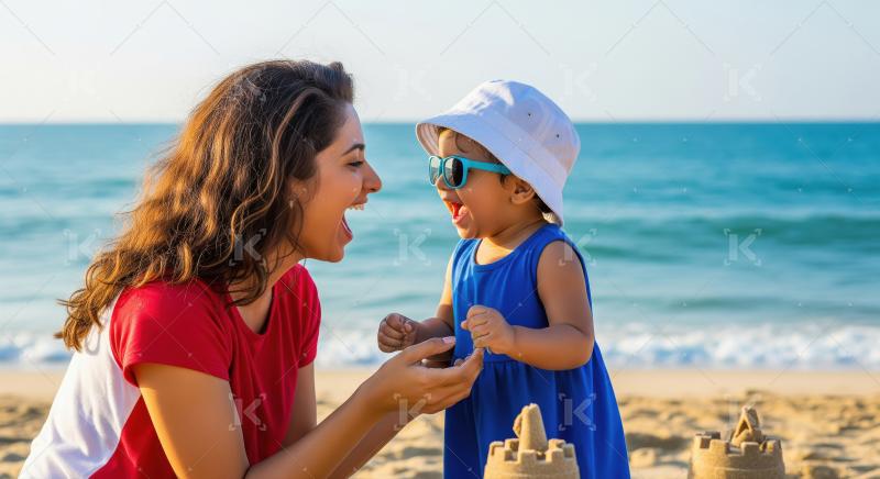Joyful Mother and Baby Daughter Laughing on Beach