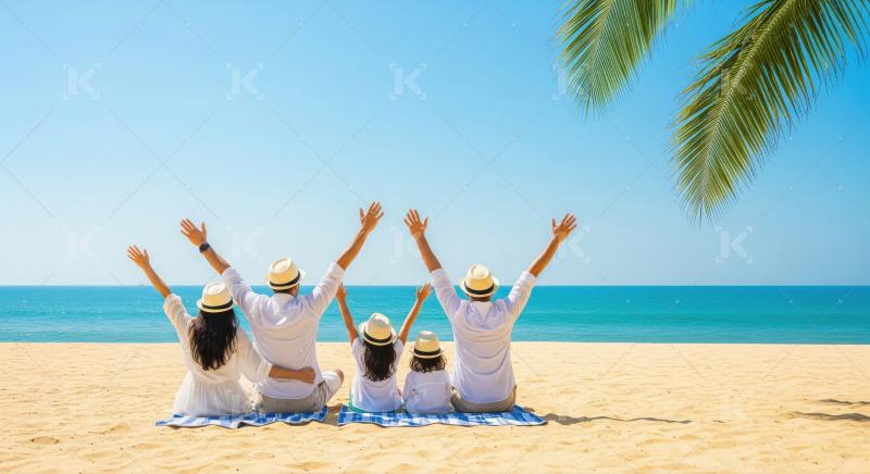 Happy Family Enjoys Tropical Beach Vacation Raising Hands