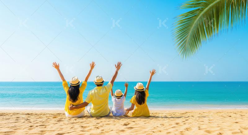 Happy Family Waving on Tropical Beach Vacation