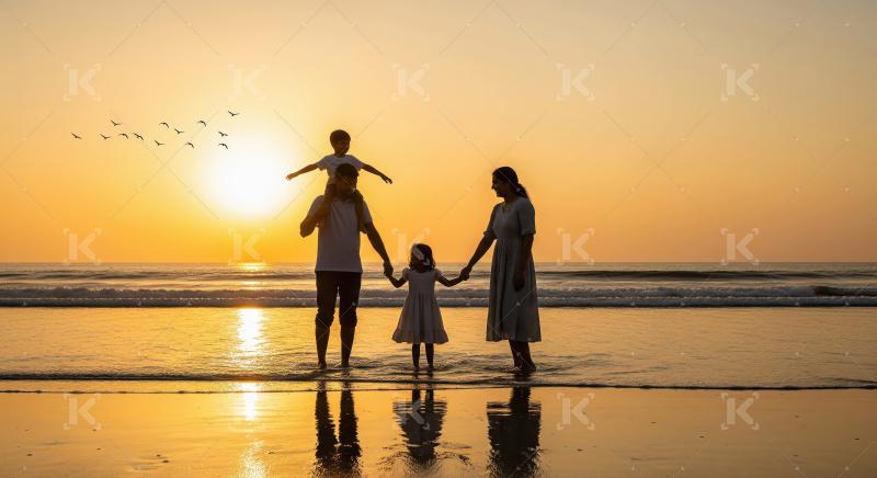 Happy family silhouette on beach at golden hour sunset.