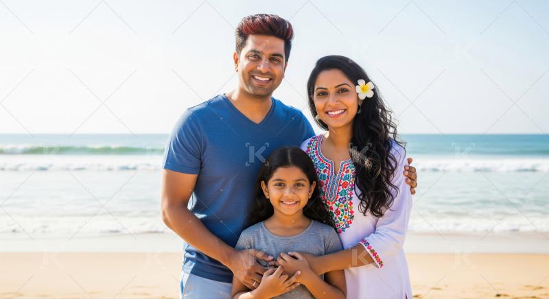Happy Indian Family Enjoying Sunny Beach Vacation