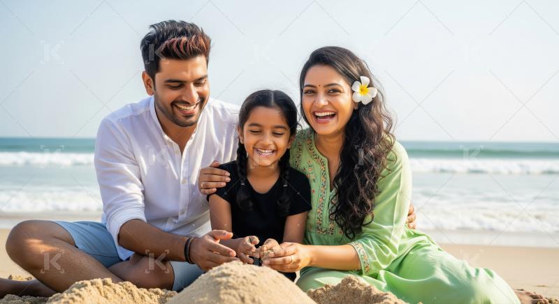 Happy Indian Family Building Sandcastle Together at the Beach