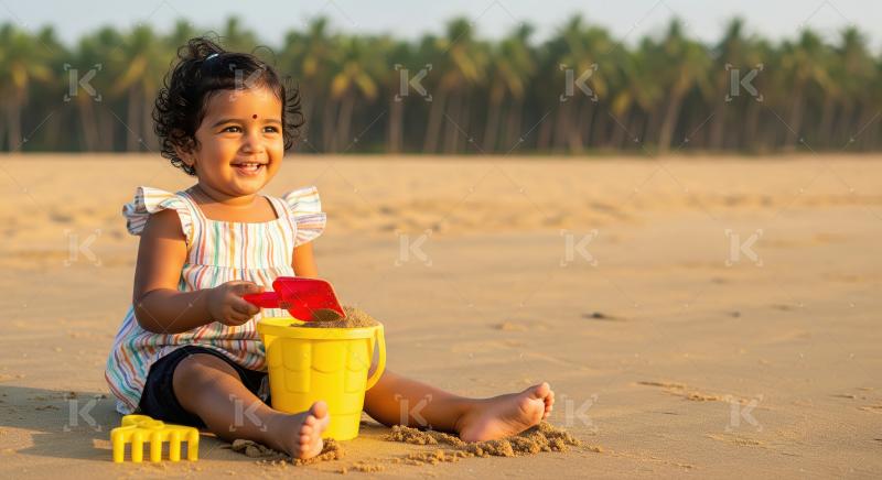 Happy Indian Girl Playing with Sand on Tropical Beach