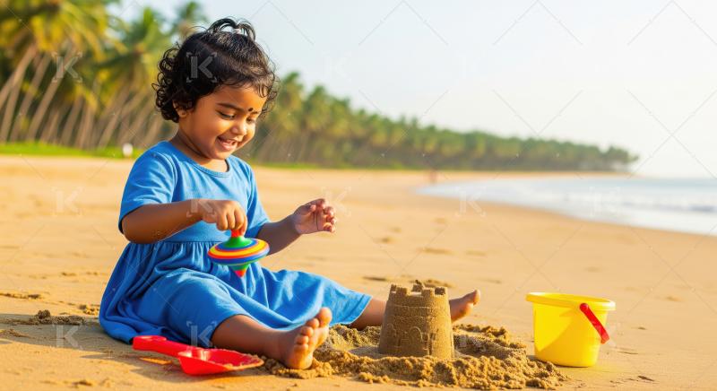 Joyful Indian Toddler Girl Building Sandcastle at Golden Beach