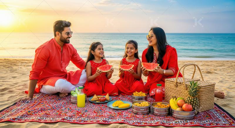 Indian Family Enjoying Sunset Beach Picnic with Watermelon
