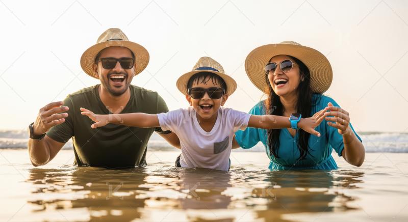Happy Indian Family Enjoying Beach Vacation Together During Suns