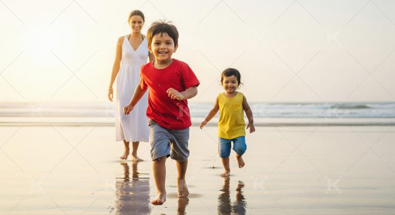 Happy Family Running Barefoot on Beach at Golden Sunset