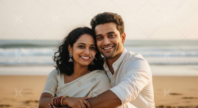Joyful Indian Couple Embracing on a Beach at Golden Hour