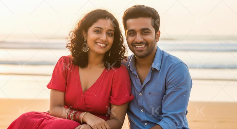 Joyful Indian Couple Smiling at Golden Hour Beach