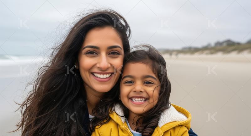 Happy Indian Mother and Daughter Smiling on a Beach