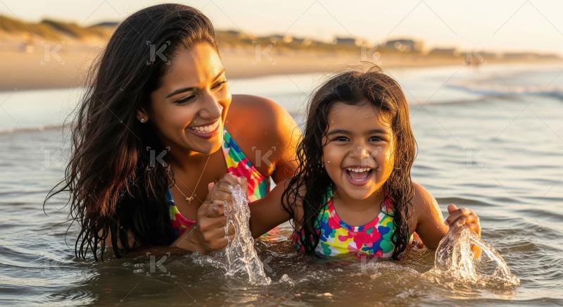 Happy Mother and Daughter Playing in Ocean at Sunset