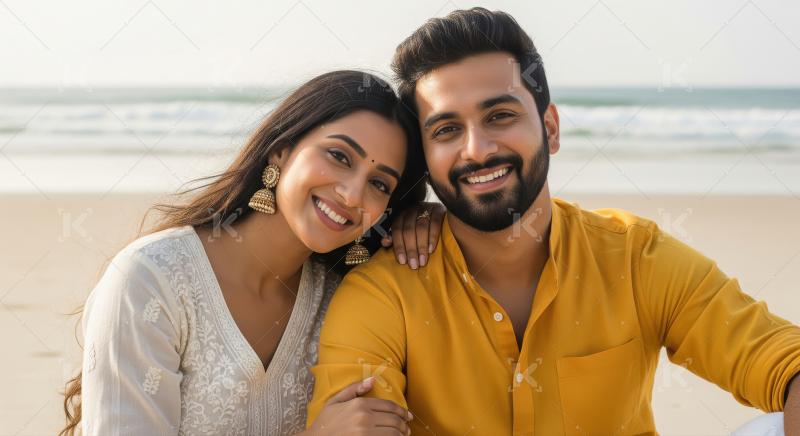 Happy Indian Couple Smiling on Beach Vacation, Love and Together