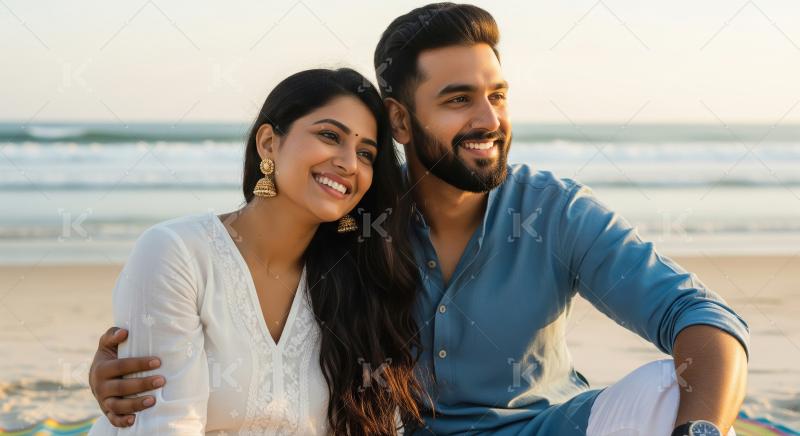 Happy Indian couple relaxing together on a beautiful beach