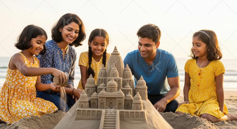 Joyful Indian Family Building Intricate Sandcastle Together on B