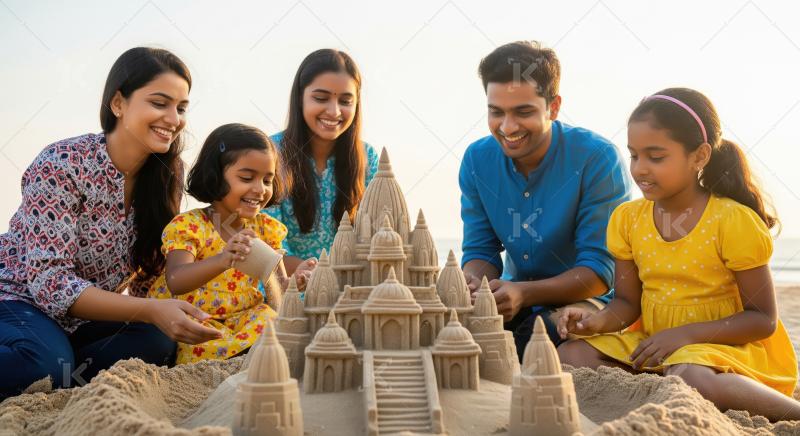 Happy Indian Family Building Sandcastle Together at Beach