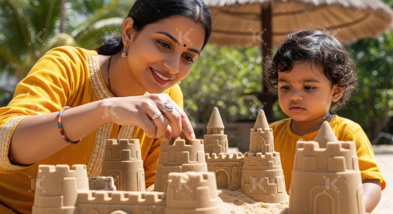 Happy Mother and Daughter Building Sandcastles on a Sunny Day