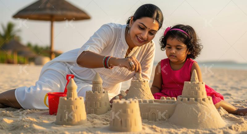 Indian Mother and Daughter Building Sandcastles at Beach Sunset