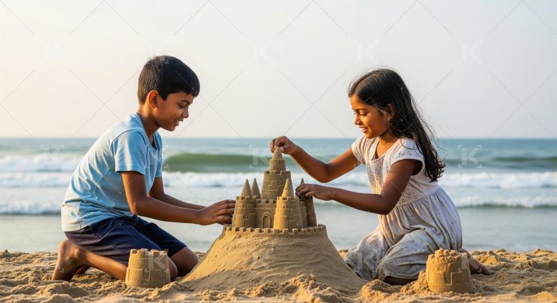Happy Kids Building Sandcastle on Beach at Sunset